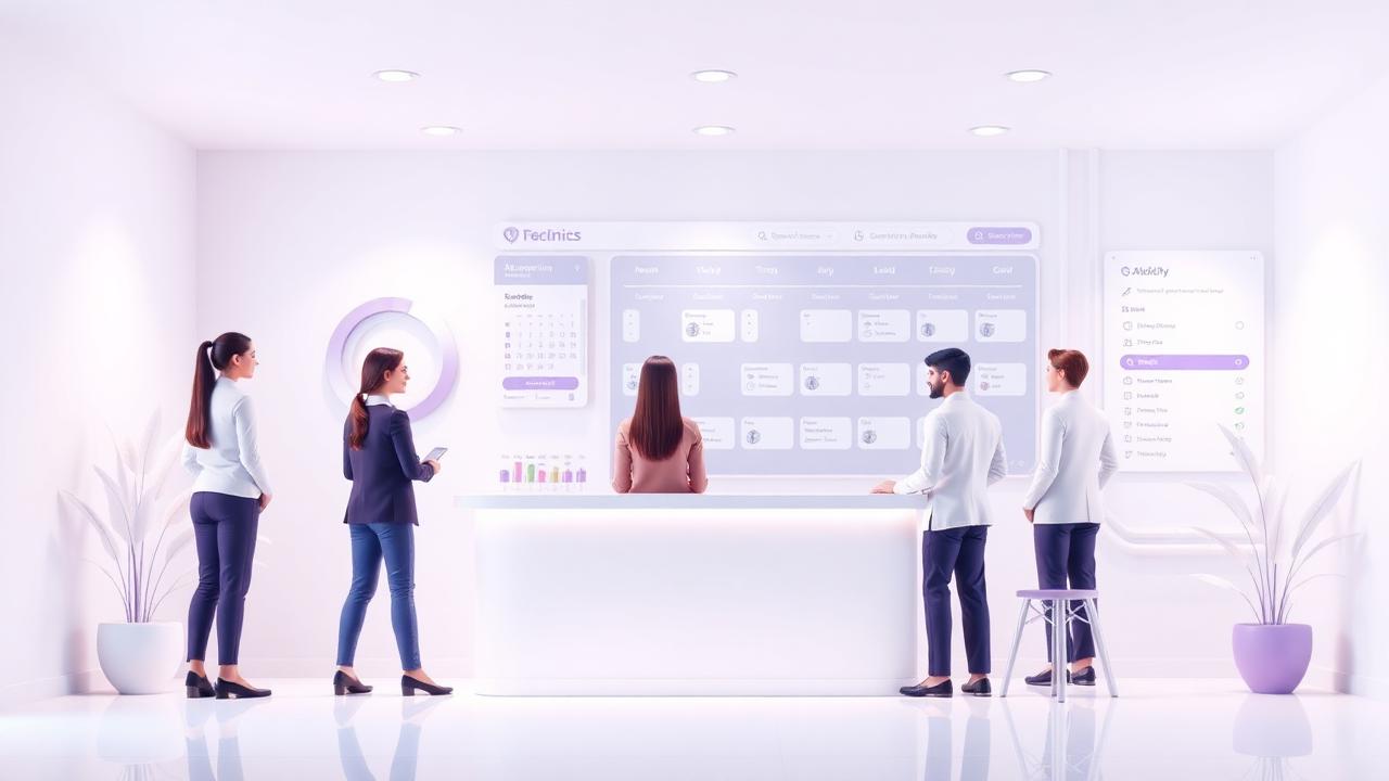 Receção moderna de clínica com calendário digital e dashboard de marcações