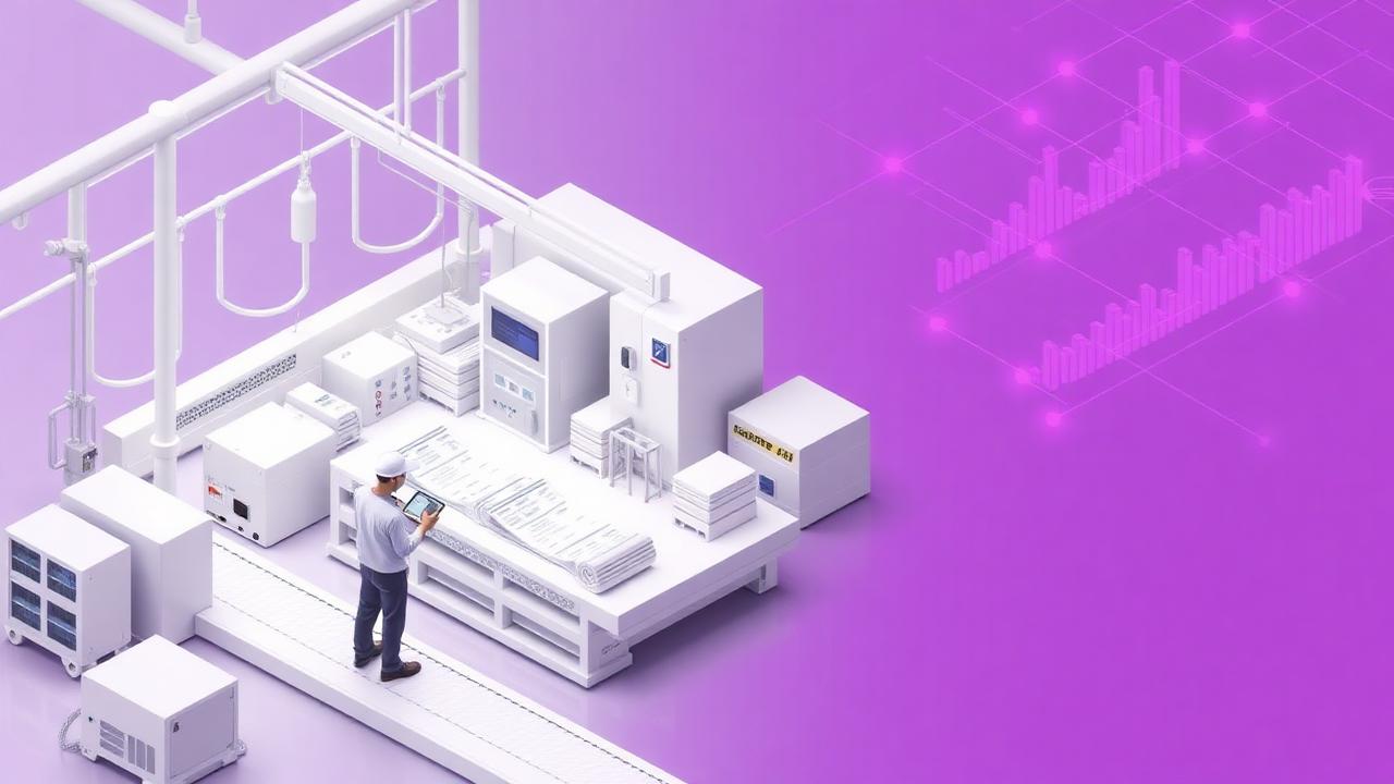 Pequena fábrica moderna com operadores, tablets e gráficos de produtividade