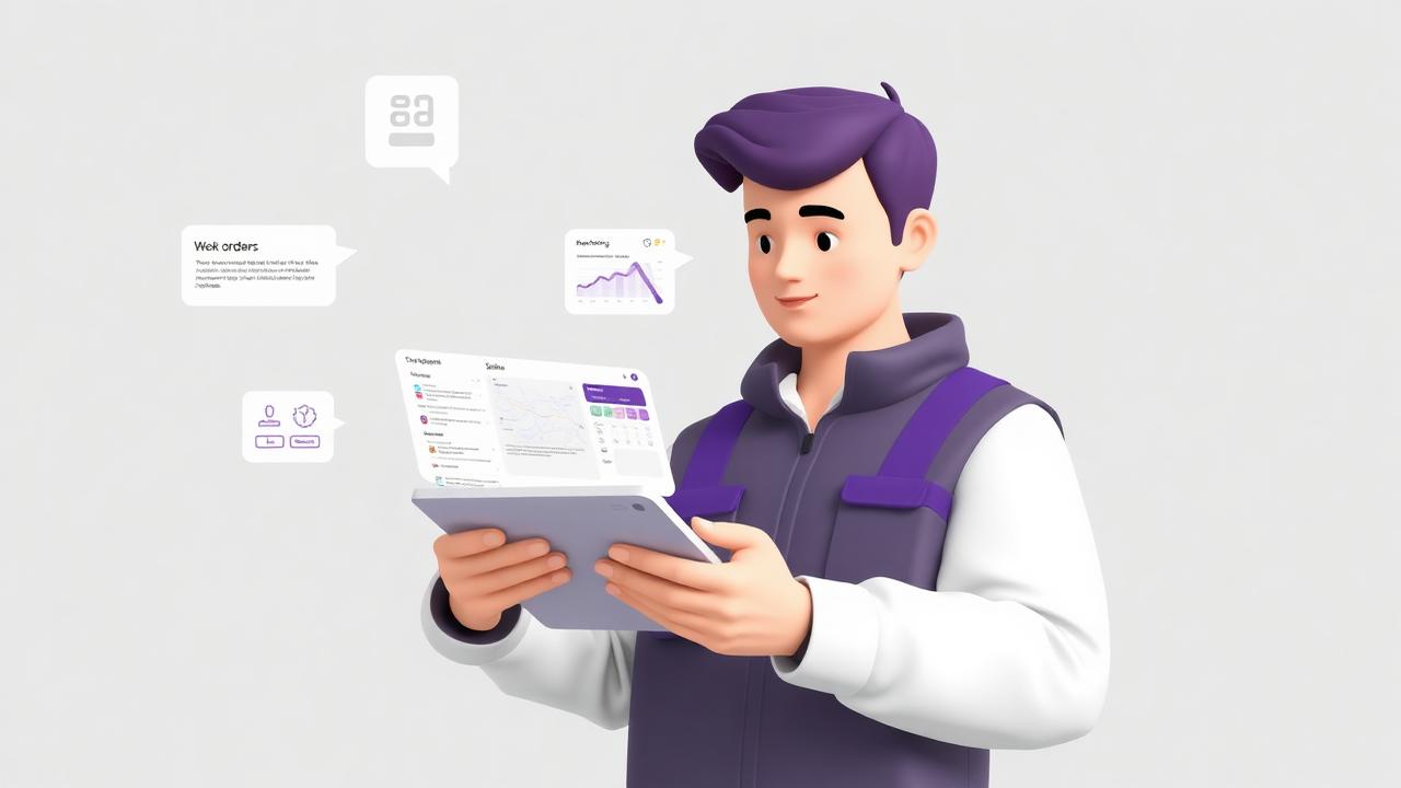 Técnico a usar tablet com ordens de serviço digitais e dashboards